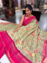 Sage Green Tissue Gorgette Fusion Saree with vidarbha Borders