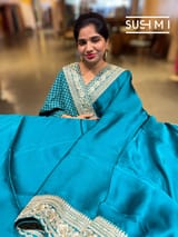 Peacock Blue Satin Saree with sabyasachi borders : D62F053