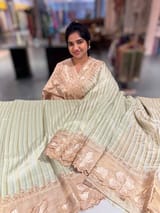 Mint Green Mul Tissue Stripes Saree With Tissue Cutwork  Border & Blouse