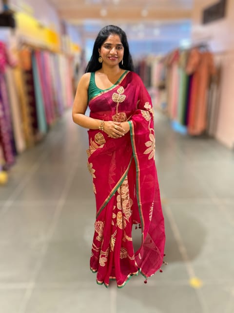 Dark Pink Organza Saree with Tissue Applique Work