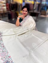 Half White Banarasi brocade Silk Saree with Petite Point Embroidered Border. SS5085
