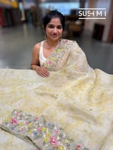 Pastel Yellow shibori printed pure organza saree DSCL043