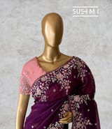 Violet  Pure Organza heavy handwork saree