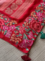 Chilli Red Mysore Silk Saree with petitepoint embroidery S62108