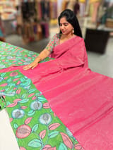 Pink Handloom Mul Tissue & Pen kalamkari fusion Saree
