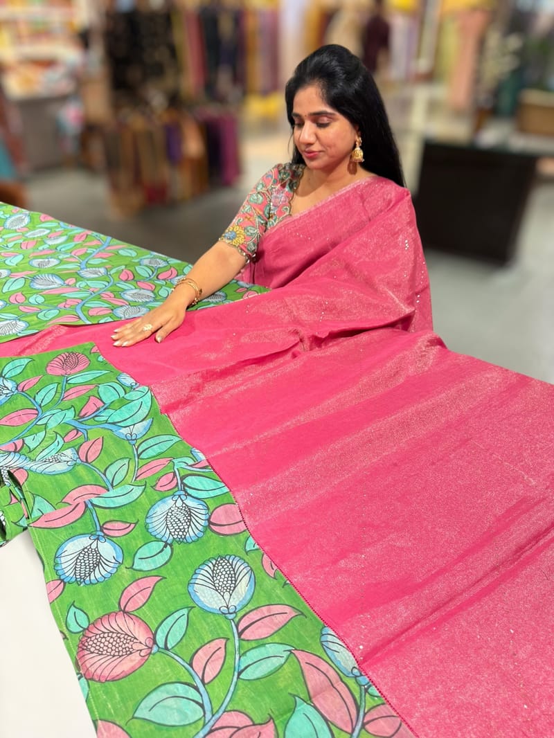 Pink Handloom Mul Tissue & Pen kalamkari fusion Saree