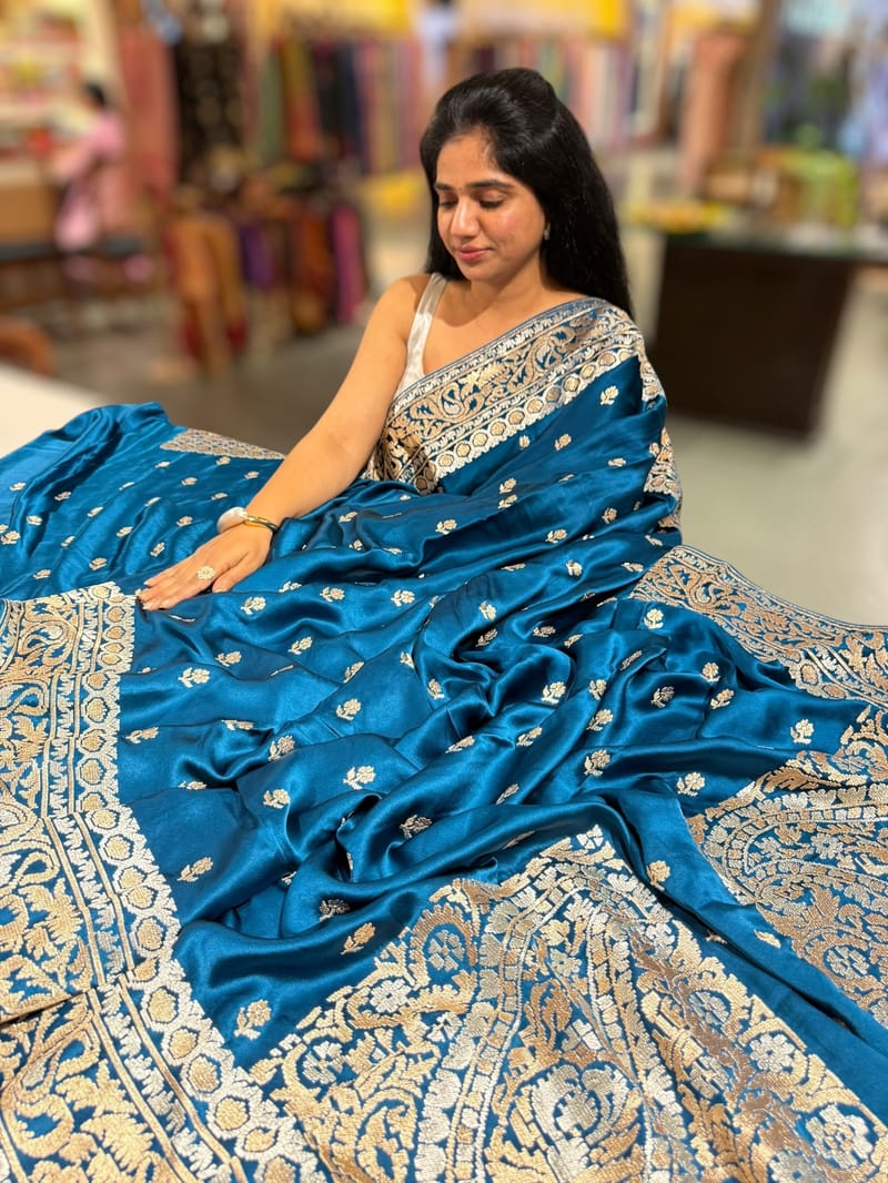 Peacock Blue Pure Mashru Satin Saree with embroidery SS5017