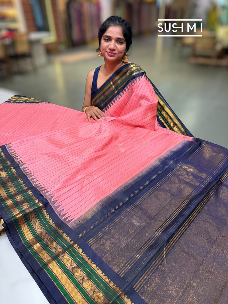 Salmon Pink vintage stripes Gadwal Silk Saree : S62F211