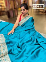 Peacock Blue Satin Saree with sabyasachi borders : D62F053