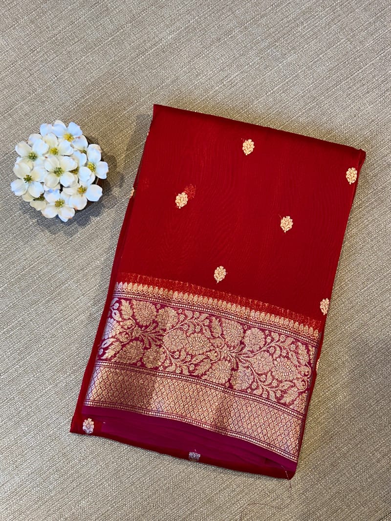 Red with pink Combo Pure Handloom premium Kora Banarasi Saree