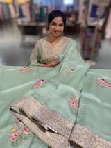 Mint Pure Organza Saree with banarasi pitawork border and bird applique motifs allover the saree SS50301