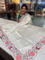 Half White Banarasi  brocade Silk Saree with Petite Point Embroidered Border. SS5087