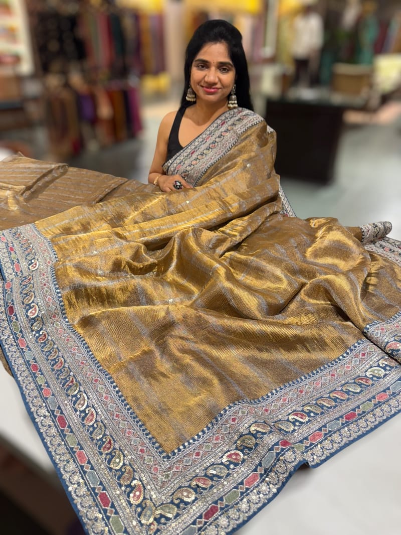 Antique Base Peacock blue Tissue checks Saree with sabhyasachi borders SS50413