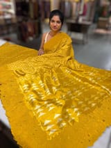 Mustard Cambodian–inspired Ikkat Silk Saree with cutwork Rose Border SS50345