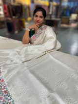 Half White Banarasi  brocade Silk Saree with Petite Point Embroidered Border. SS5086