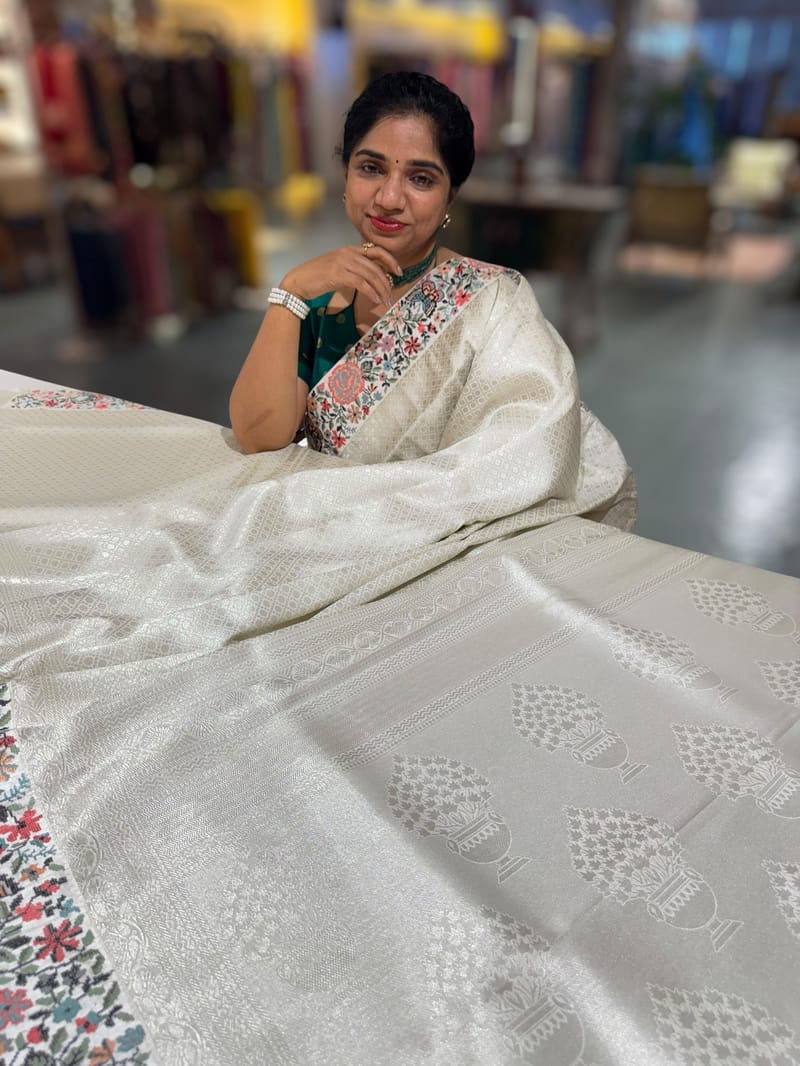 Half White Banarasi  brocade Silk Saree with Petite Point Embroidered Border. SS5086