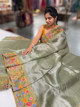 Light Olive Tissue Stripes Saree with petite point Embroidered tissue border and blouse SS50422