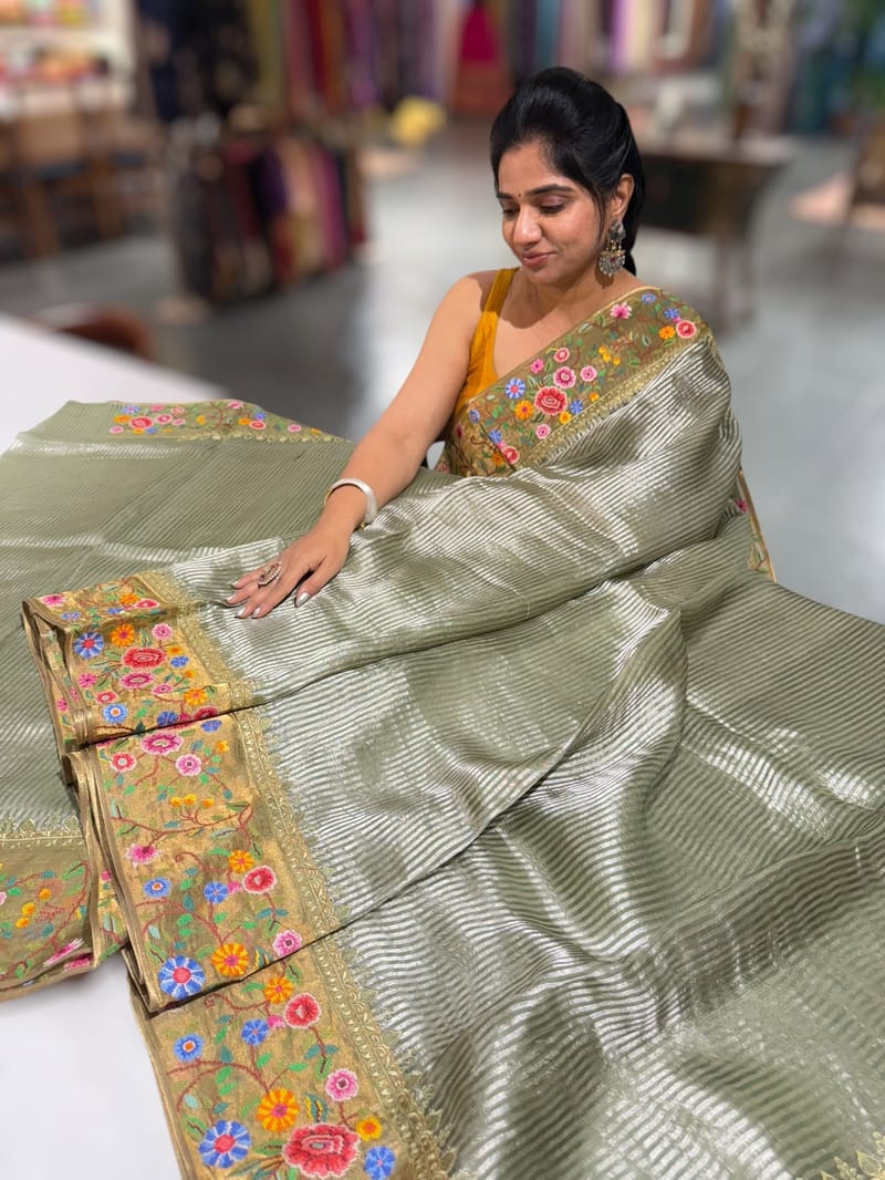 Light Olive Tissue Stripes Saree with petite point Embroidered tissue border and blouse SS50422