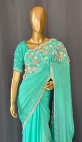 Seagreen pure chinnon saree