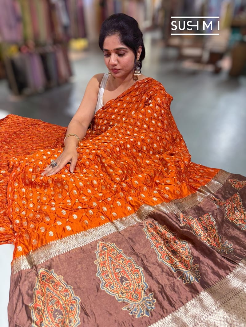 Rust Orange Banarasi Bandhej Silk saree : D62F013