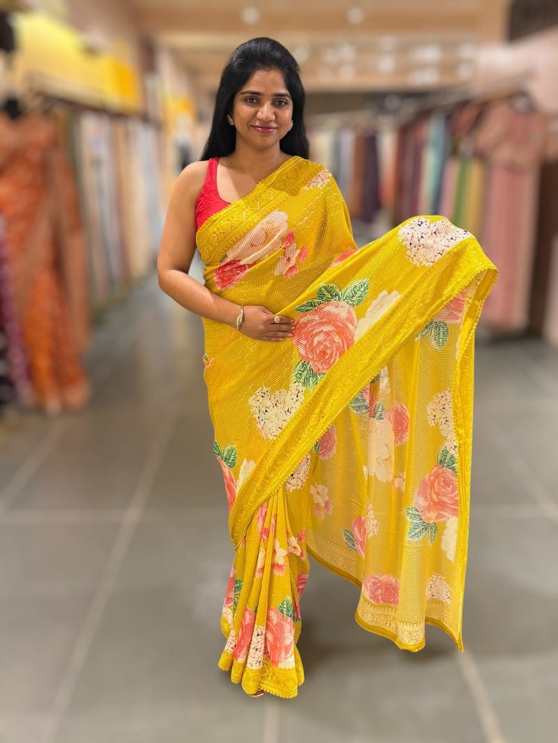 Yellow georgette sequence saree with statement floral print SS5047