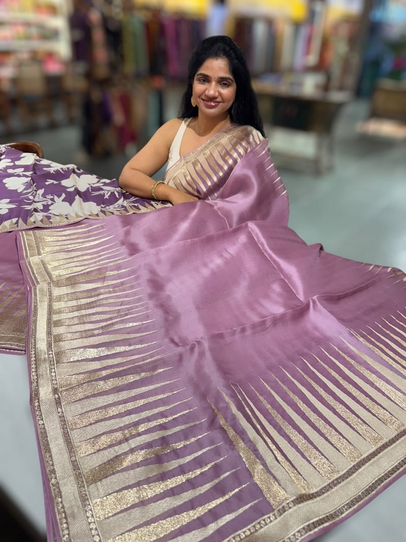 Mauve Pure Organza With Temple Embroidered Border & Tussar Printed Blouse SS50296