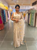 Silverish Tone Pure Organza Saree With Embroidered Motifs & Tussar Printed Blouse SS50300