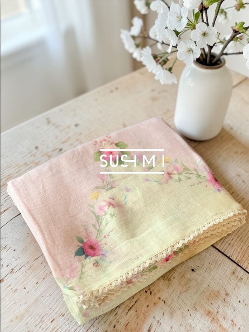 Ombre Dyed Floral Printed Pure Linen Saree