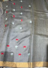 Navy Tussar Brocade Saree With Statement Red Rose Embroidery. SS50468