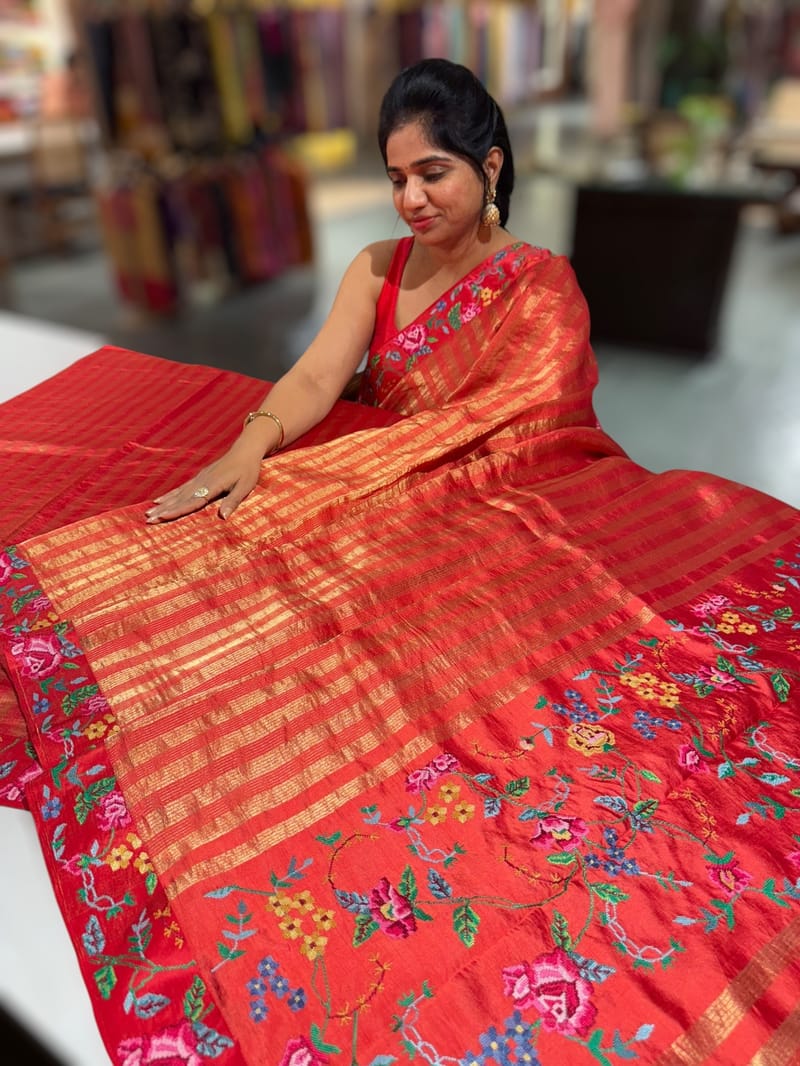 Orangish Red Banarasi Tissue stripes Saree with petite point embroidery SS50214