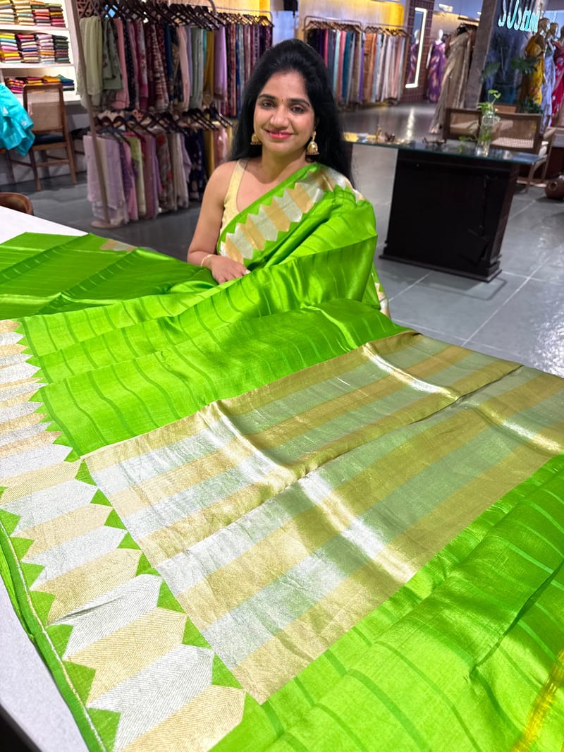 Parrot Green Designer Poona Silk Saree