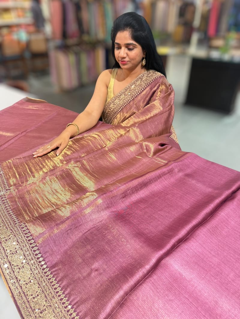 Wine kora Muslin Tissue fusion saree SS50204