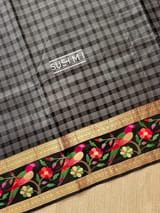 Black Vintage checks Kanjeevaram soft silk saree with embroidery D62F042