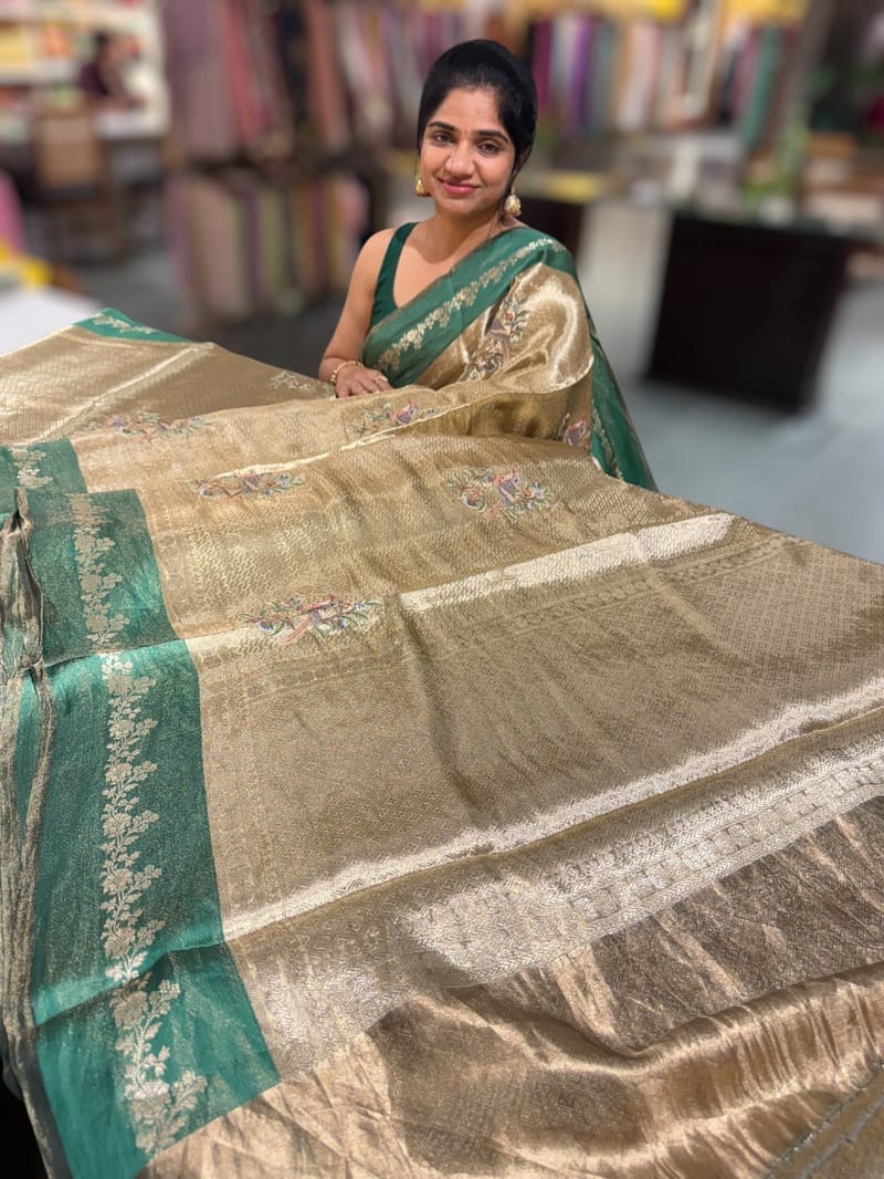 Emerald Green Banarasi Brocade Tissue with embroidery