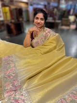 Golden Yellow Tissue Gorgette Saree With Petite Point Embroidered Border