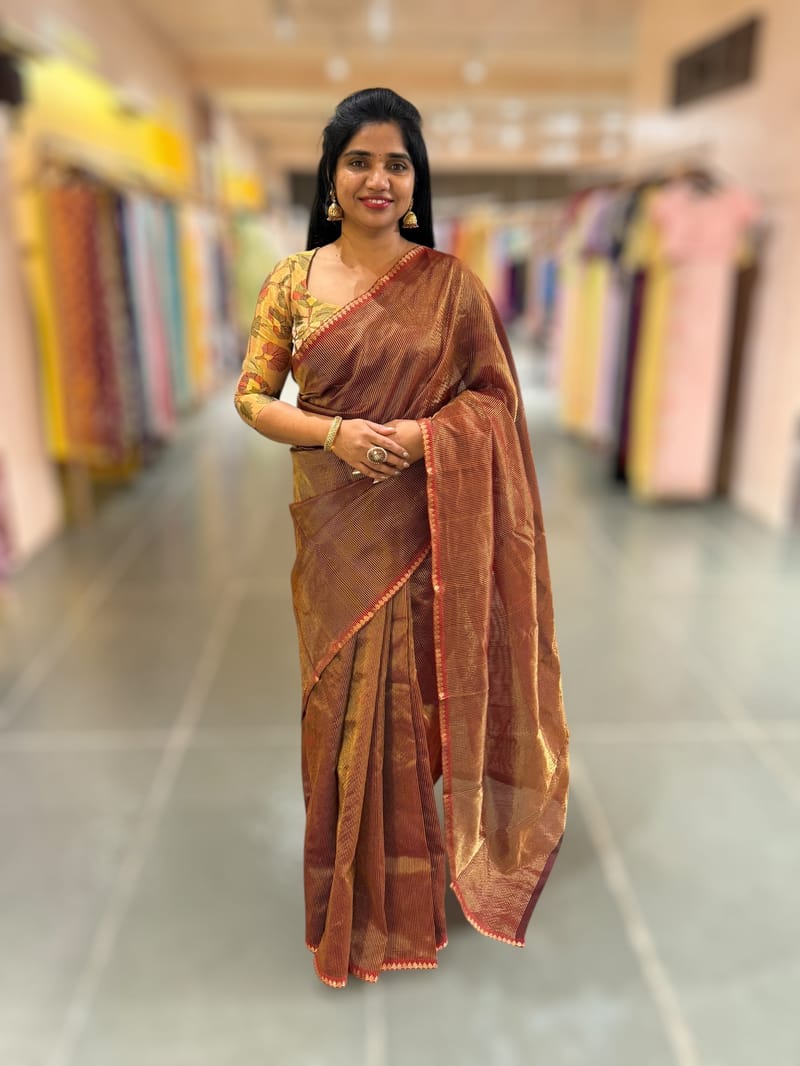 Brown chaderi Tissue saree with designer tissue blouse
