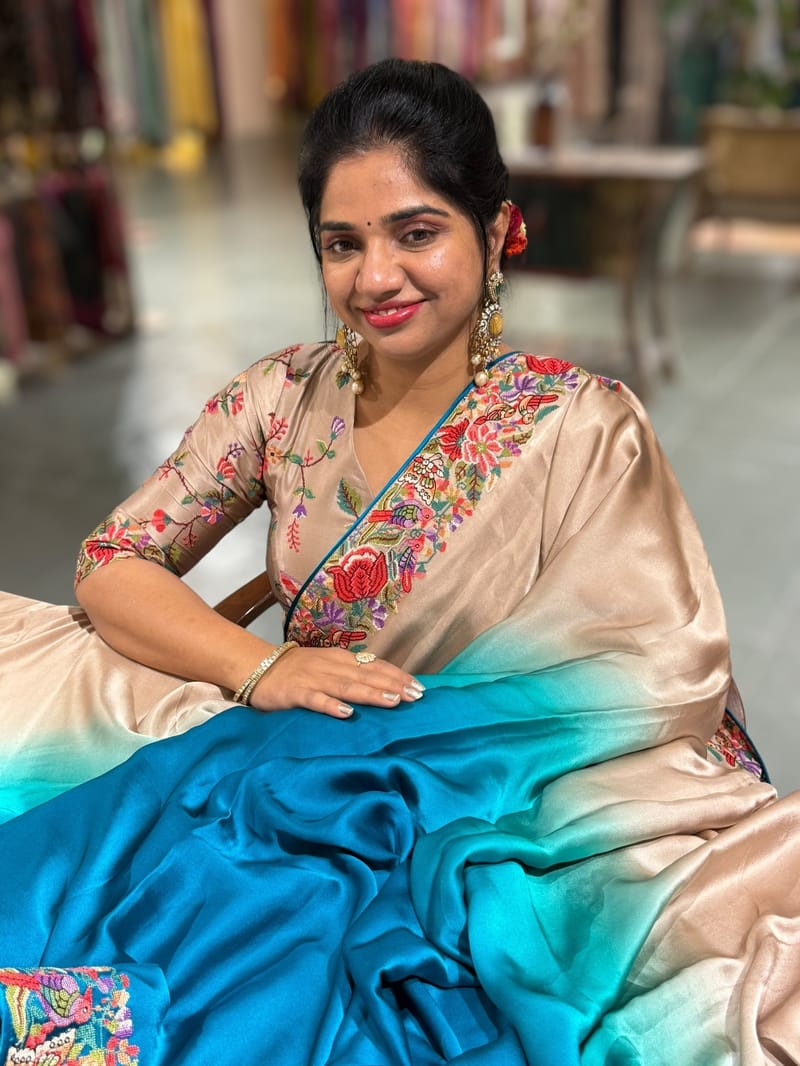 Chikoo–Copper Blue Ombre Satin Saree with Petite Point Border SS5024