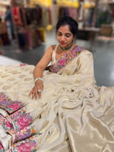 Halfwhite khaddi Chiffon Saree with allover zari weaving polka dots & Petite Point border SS50311