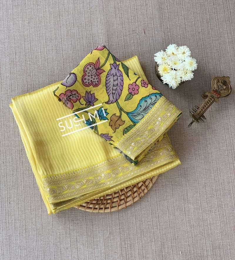 Lime yellow Banarasi tonchoi with pen kalamkari Blouse : D62F015