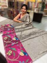 Greyish Silver Chanderi Tissue Saree with pythani inspired parrot embroidered border SS50230