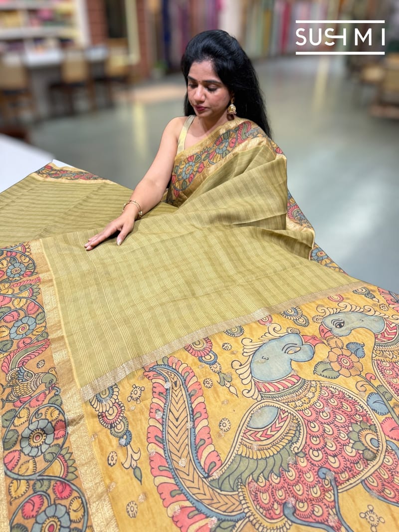 Olive Green Kanchi pen kalamkari fusion saree
