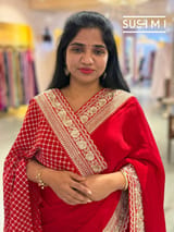 Red Satin Saree with sabyasachi borders : D62F054