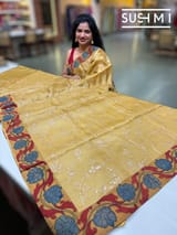 Champagne Gold Silk kota and pen kalamkari fusion saree with pita emb