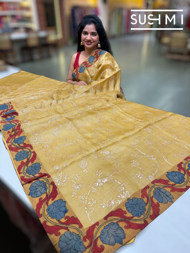 Champagne Gold Silk kota and pen kalamkari fusion saree with pita emb