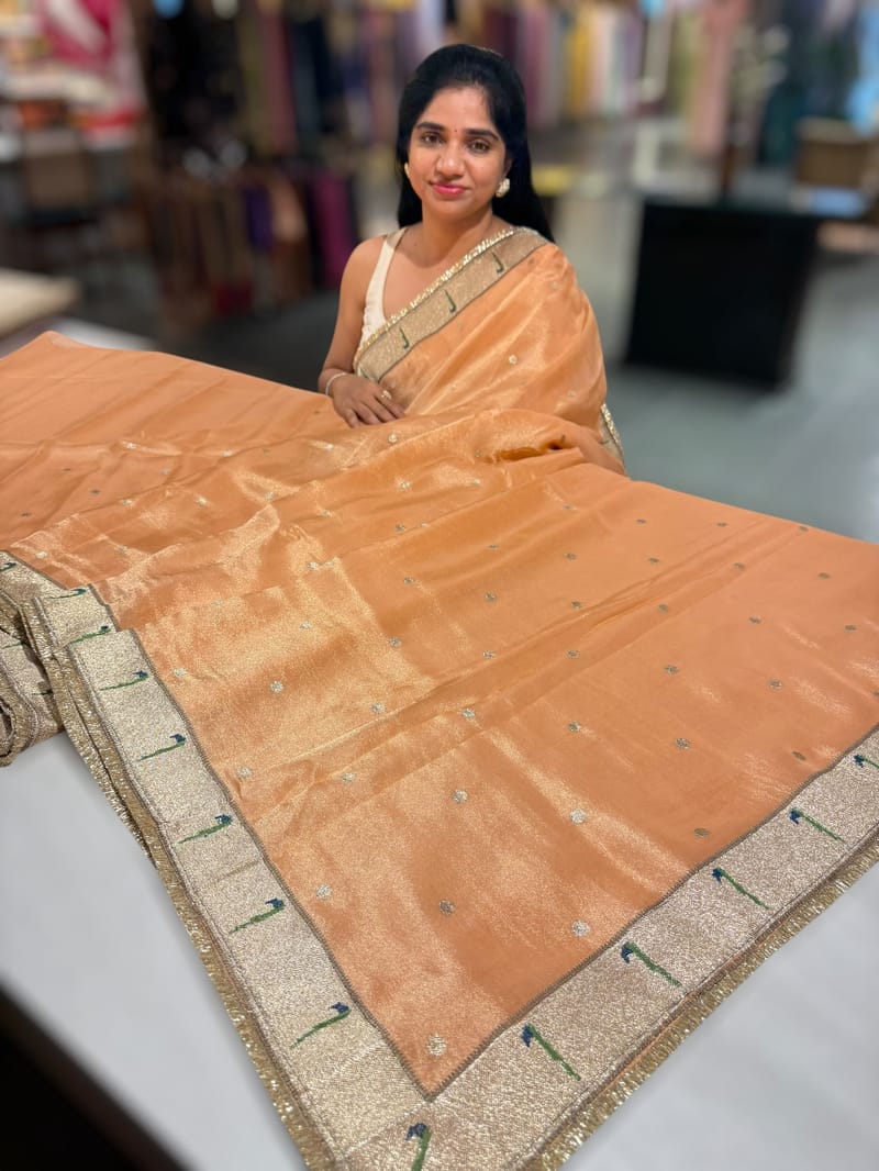 Peach Tissue Saree with pythani tissue embroidered border SS50543