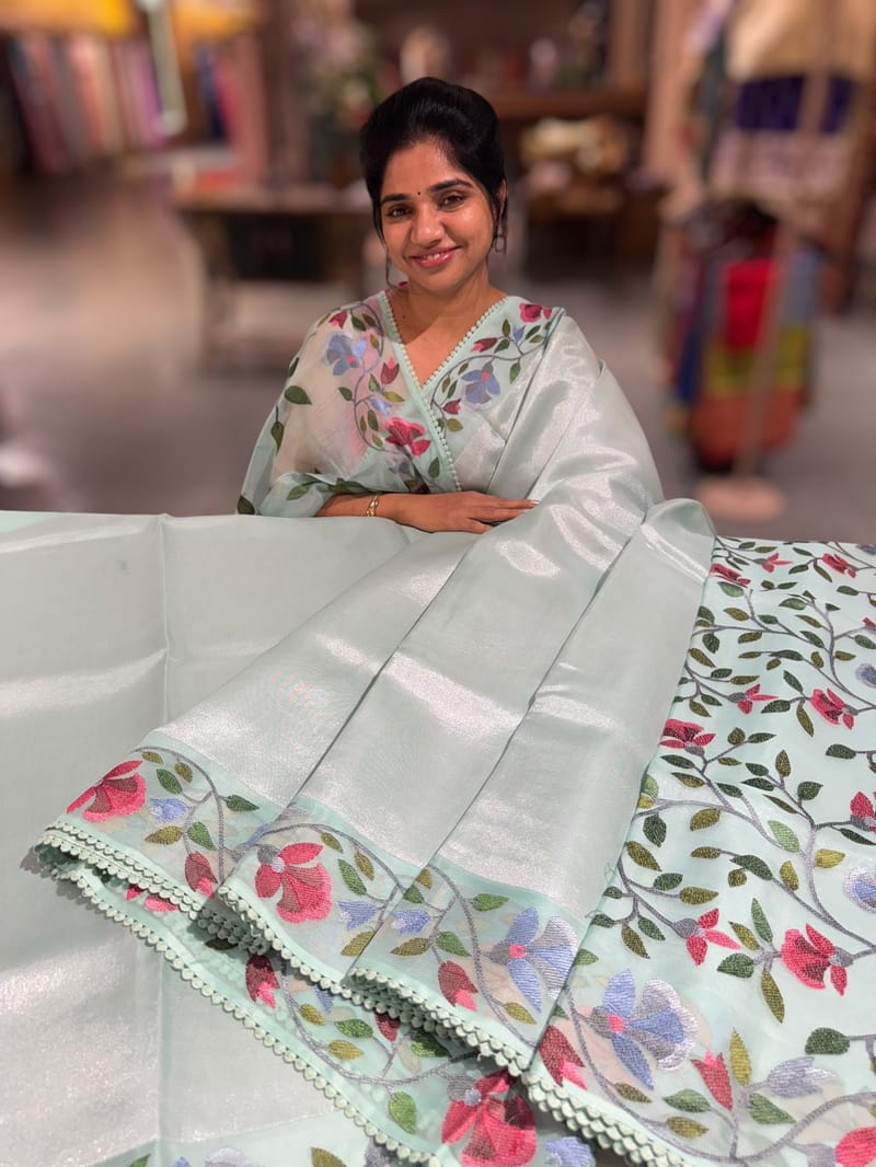 Mint kora tissue saree with pythani inspired embroidery