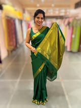Emerald Green vintage Kanchipuram silk saree with 2inch borders paired with pen kalamkari blouse SS50178