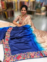 Chickoo & electric Blue Pure Satin Ombre Dyed Saree with Petite Point Embroidered Border and blouse.