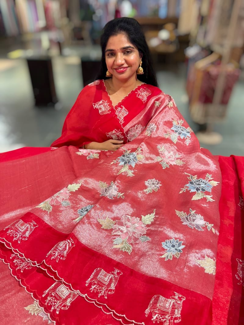 Red Premium Handloom Designer Tissue saree with exquisite embroidery SS50232
