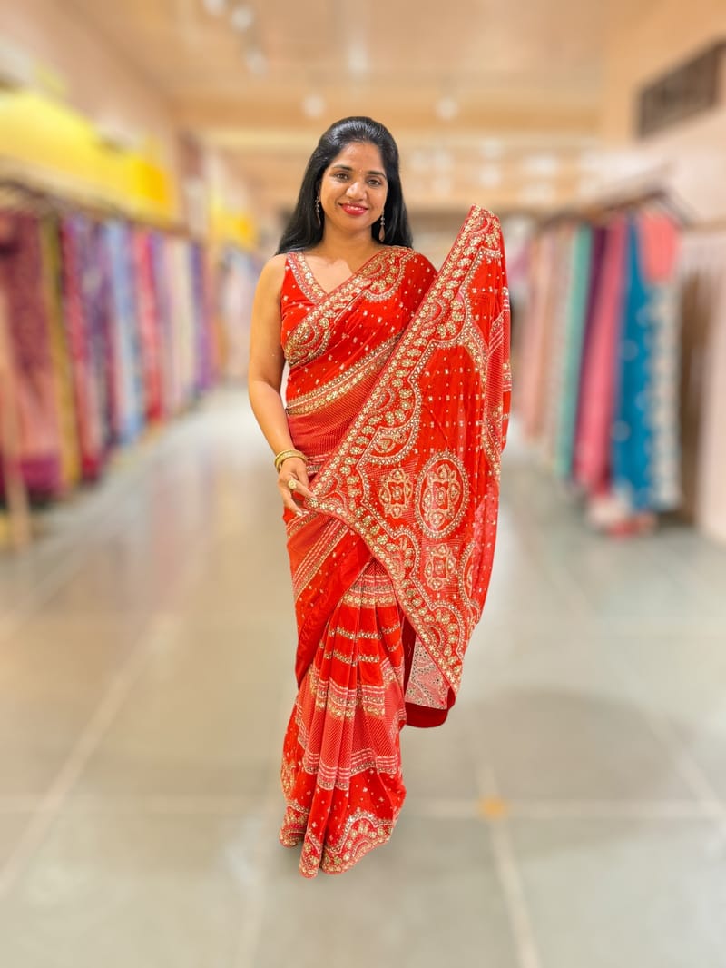 Orangish Red Kareena Inspired Gorgette Saree with allover mirrors SS5039